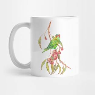 Musk lorikeet parrot and eucalyptus branch with pink flowers Mug